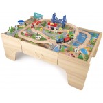 Set trenulete din lemn Busy City 2 in 1  cu masuta de joaca si sertar si 80 de piese